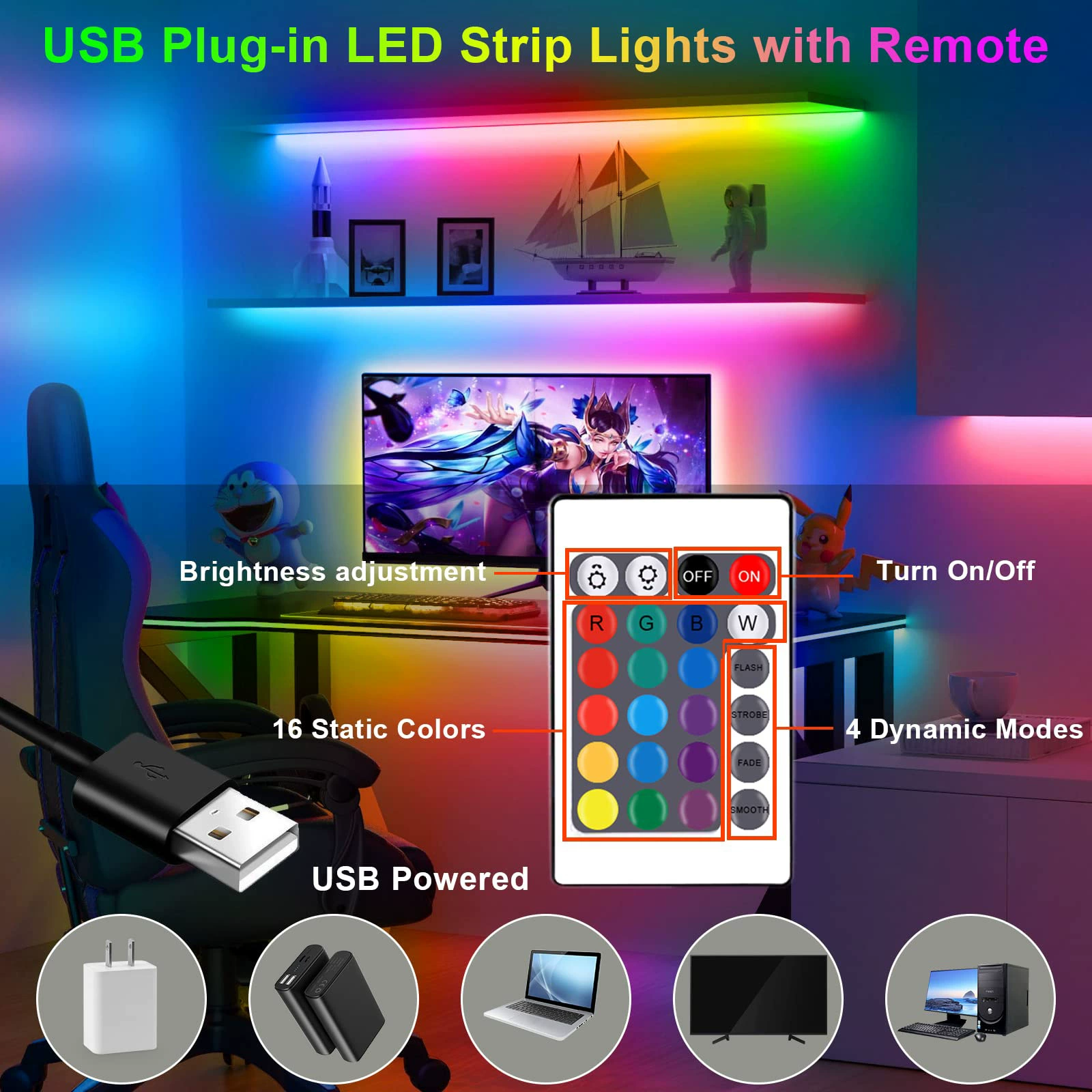 Накладная светодиодная лента RGB 5050 5В, многоцветная с регулируемой яркостью, управление Bluetooth/инфракрасное