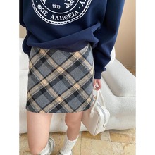 司南 中古学院 美式撞色斜格纹高腰显瘦A字包臀毛呢短裙 SN7930
