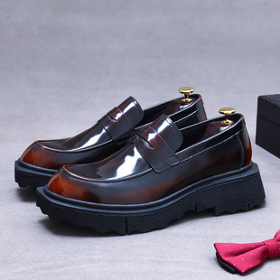 Big toe leather shoes men's business casual cowhide leather round toe platform platform increased British glossy leather shoes