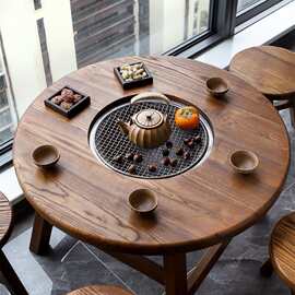 老榆木围炉煮茶桌冬天家用室内炭火炉套装庭院阳台烧烤实木喝茶桌