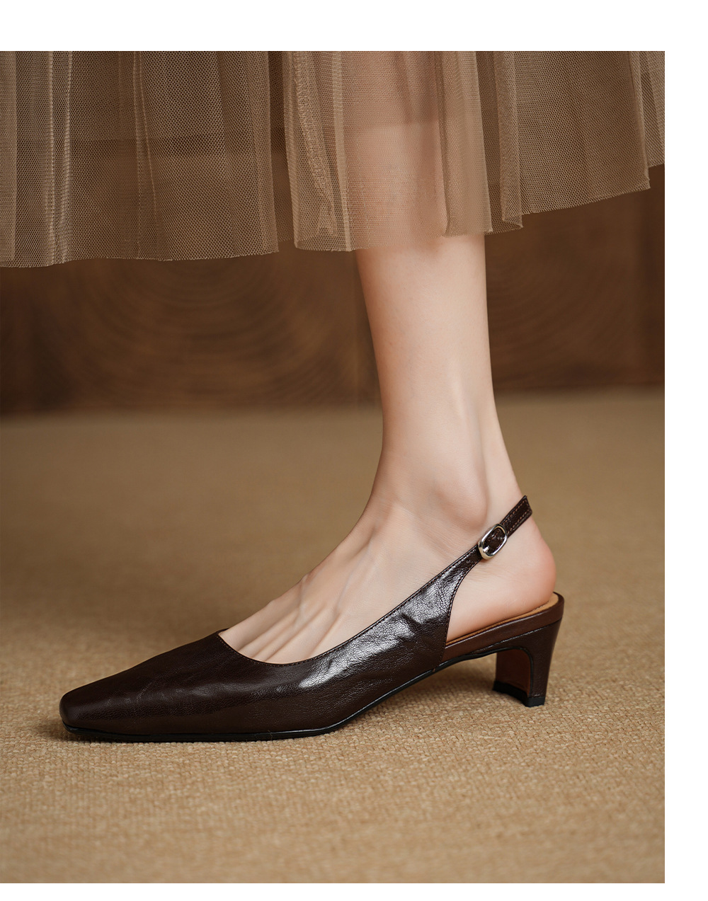 Sandal nữ da dê gót vuông 4.5 cm mũi kín hở gót phong cách Hàn Quốc — đen chi tiết 7
