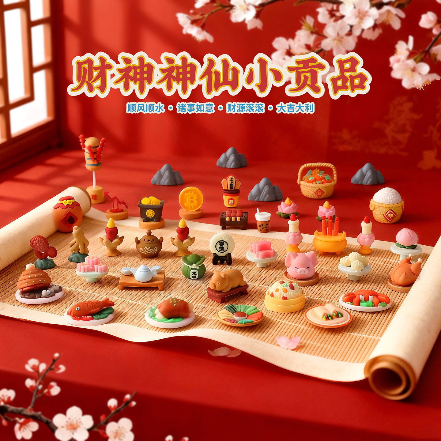 国风神仙贡品迷你软胶玩偶 求神拜佛烤乳猪灵芝烧烤桌面摆件