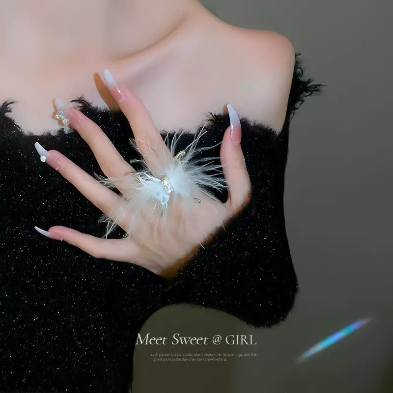 羽毛蝴蝶开口戒指ins小众时尚个性设计感食指戒简约气质百搭指环