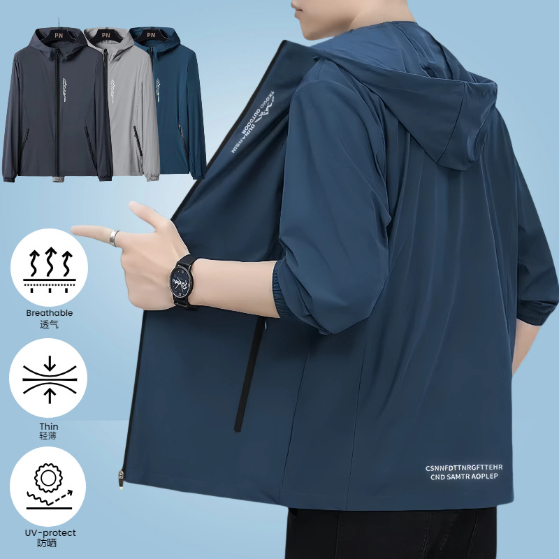 Summer Ice Silk Jacket, Sun Protection Clothing, Men's Thin Anti-Uv Loose Breathable Fishing Clothing, Skin Clothing for Men