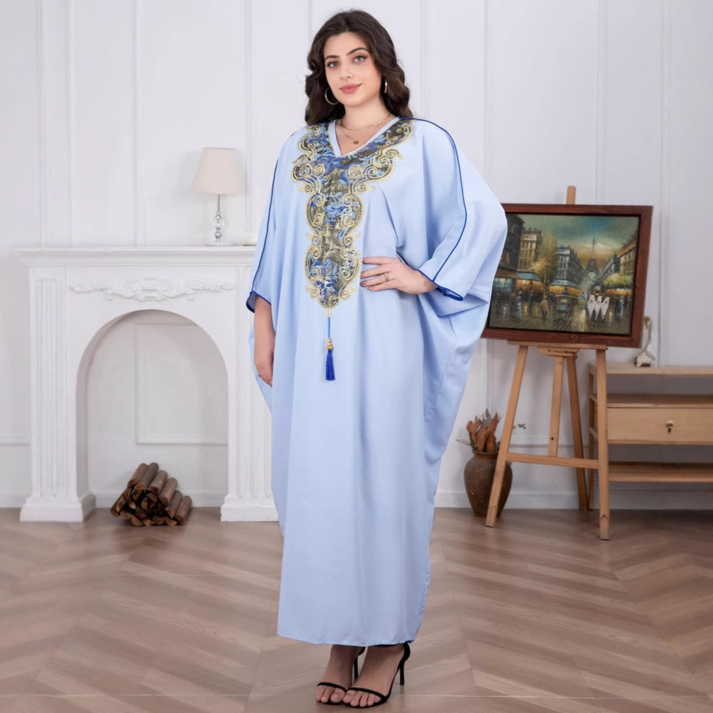 Indonesian-Middle Eastern Cross-border Women's Robe With V-neck, Embroidery, And Tassels, Elegant Arabic Robe,_ecoleips.com
