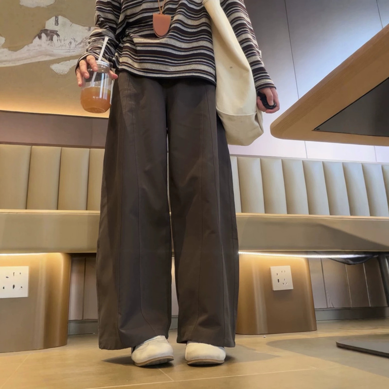 Women's curved-leg work pants, 2026 new summer thin style, petite size, coffee color, high-waisted, flowing, nine-point length, casual wide-leg pants Women's curved-leg work pants, 2026 new summer thin style, petite size, coffee color, high-waisted, flowing, nine-point length, casual wide-leg pants