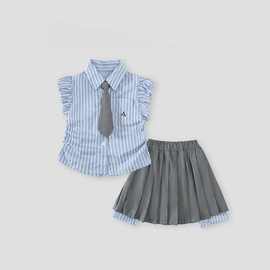 女童套装夏季中大童条纹衬衫两件套女大童洋气时髦7-8岁校服裙子