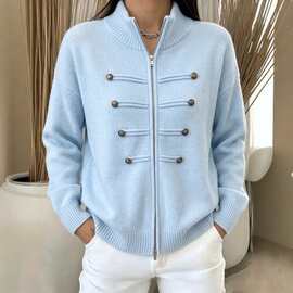 2027复古双排扣立领拉链针织开衫女秋冬宽松纯色百搭毛衣衬衫女