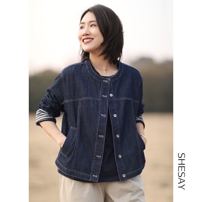 Denim Coat 2025 Spring New Fashionable Retro Round Neck Top Women's Hong Kong Style Loose Casual Jacket 2023