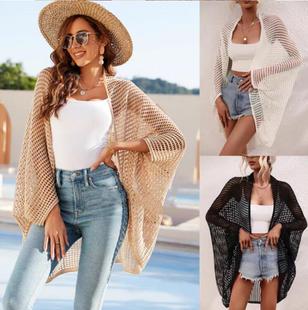 European and American Vacation Bikini Cover-Up Swimsuit Cardigan Shawl Cut Out Beach Seaside Vacation Knitted Sun Protection Clothing for Women