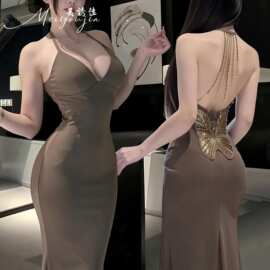 美诱佳情趣内衣欧美风性感露背珠链修身显瘦包臀挂脖连体衣睡裙女