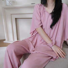 睡衣女款夏装法式胖妹妹大码浪漫温柔风纯色套装简约慵懒风家居服