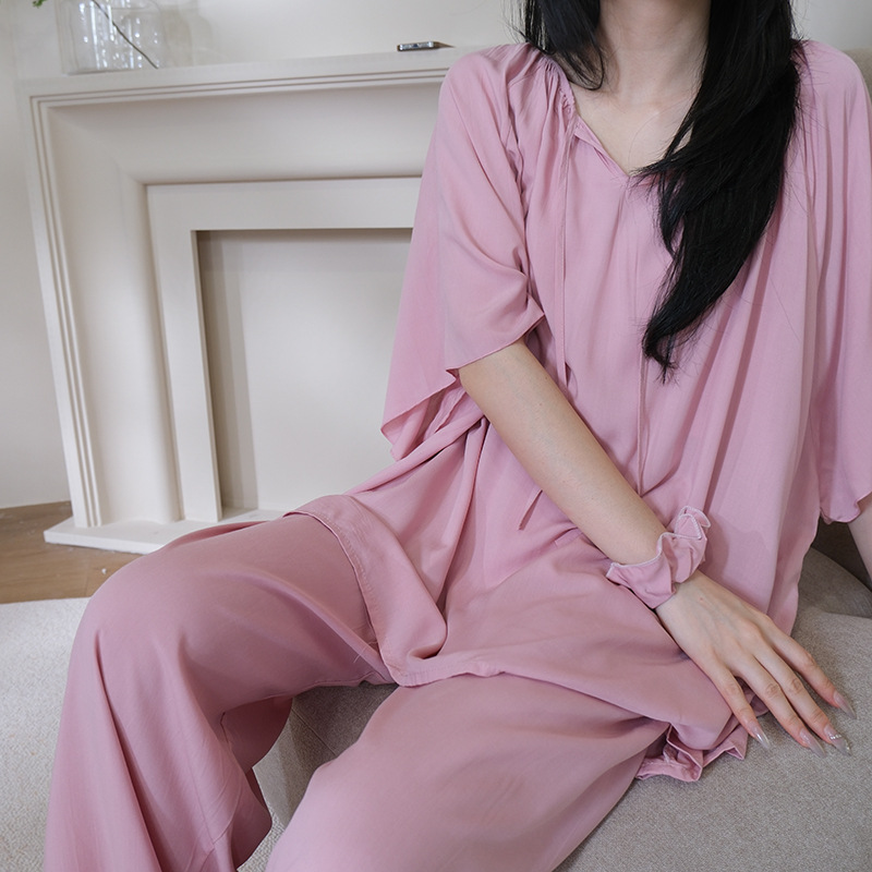 睡衣女款夏装法式胖妹妹大码浪漫温柔风纯色套装简约慵懒风家居服
