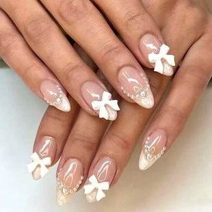 24 pieces of French white-edged naked powder nail pieces bow pearl wear armor removable almond fingernail pieces wholesale