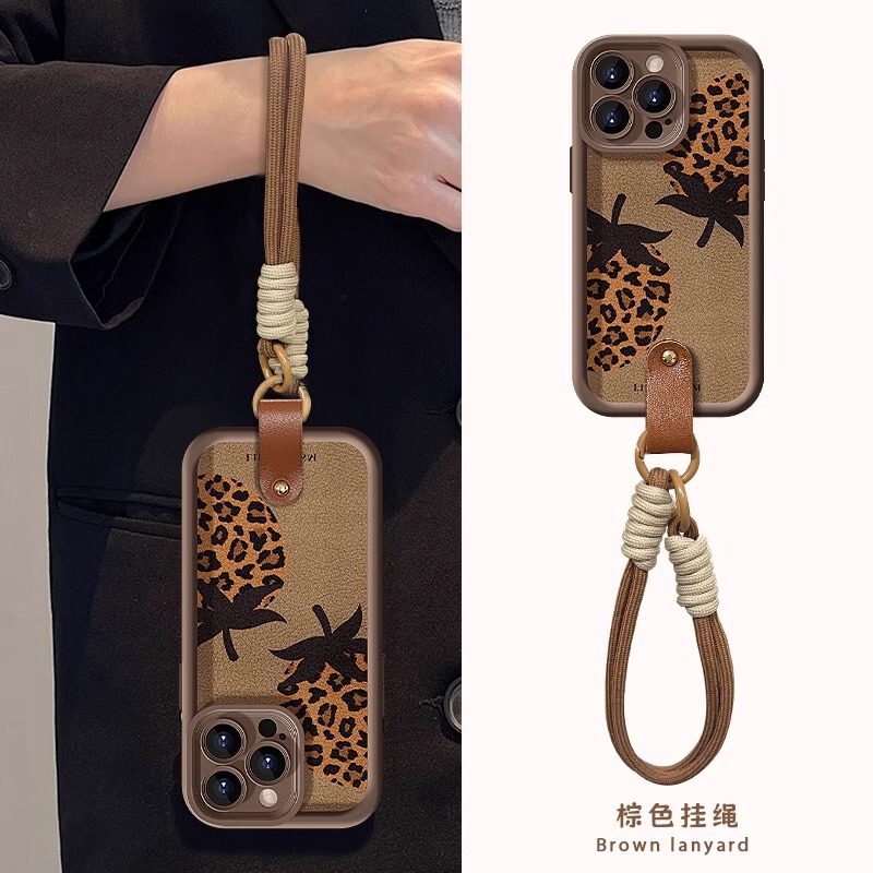 Leopard Strawberry Lanyard for Apple 15PRO Phone Case 14/13 Lambskin 12 Frosted Silicone 7/8 Drop Resistant X