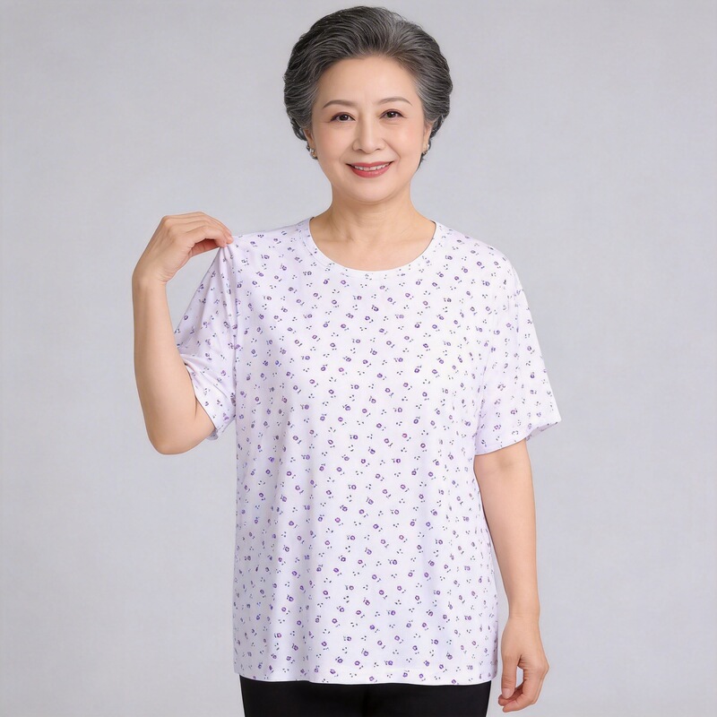 Summer Cotton Floral Short-Sleeve T-Shirt for Middle-Aged and Elderly Women, Loose Fit, Plus Size, Grandma's Style, Wholesale