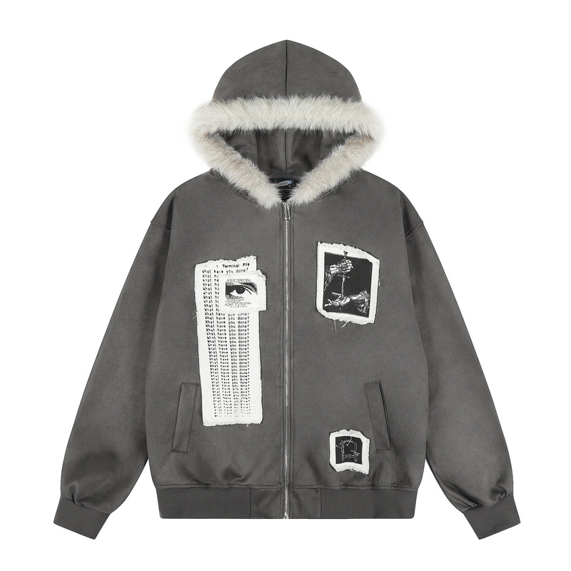 2026 Spring Faux Suede Fur Collar Hooded Sweatshirt for Men and Women, Vintage Patchwork Cardigan, Trendy Retro Street Style Jacket