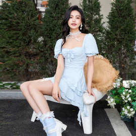 一件代发韩版大码泳衣女保守裙式连体甜美少女遮肚显瘦温泉游泳衣