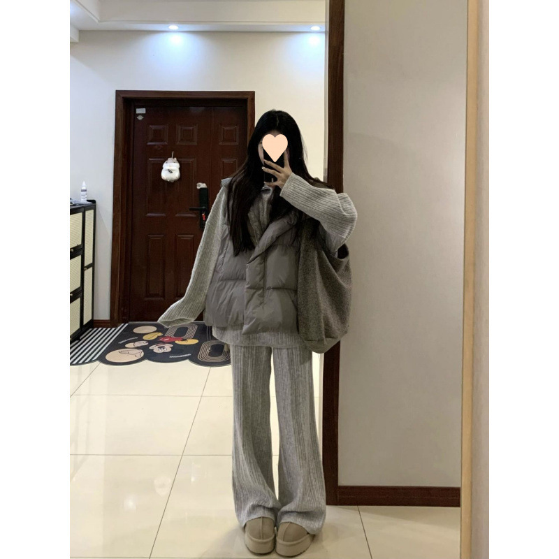 女复古保暖棉服马甲外套秋冬装叠穿针织毛衣长裤套装时尚三件套|undefined