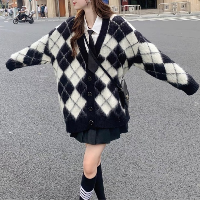 2025跨境韩版格纹针织开衫外套女秋季新款慵懒风宽松毛衣复古上衣|undefined