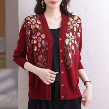 2025秋冬新款钉珠刺绣针织开衫女单排扣V领长袖毛衣纯色上衣跨境