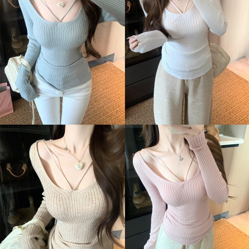 Pure Lust Style Sexy Collarbone U-Neck Long-Sleeved Knitwear for Women 2025 Autumn and Winter New Style Waist Slimming Look Slimming Look Bottoming Shirt