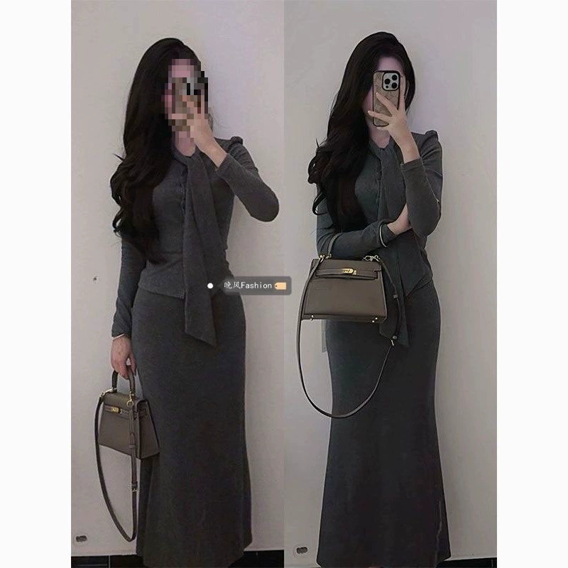 Французский темпераментный трикотажный кардиган костюм женский осенний и зимний дизайн шнуровочный топ с высокой талией рыбий хвост длинное платье