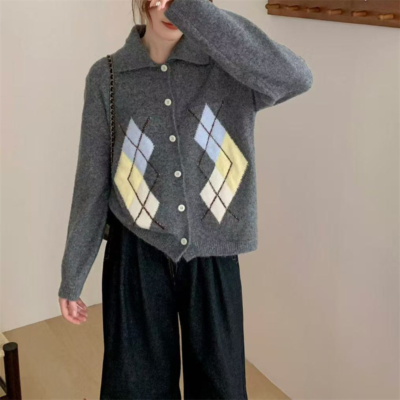 韩系秋冬季新款菱形格提花针织毛衣女外套文艺复古风百搭翻领开衫|undefined