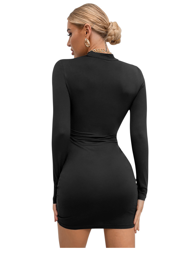 Slim Fit Slimming Half Turtleneck Minimalist Long Sleeve Round Neck Drawstring Dress - Dresses - Uniqistic.com