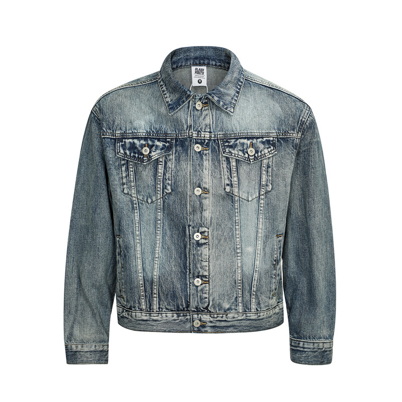 13.3oz High Oz American Vintage Blue Bamboo Pattern Washed Distressed Short Wide Denim Jacket for Street Men and Women