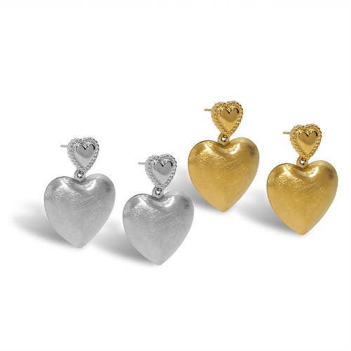 Hollow heart earrings for women, titanium steel, real gold plated, non-fading, European and American fashion, handmade brushed metal love earrings