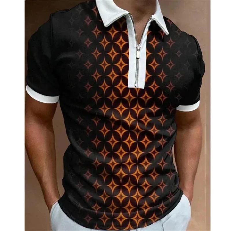 2024 venta caliente personalidad moda impresión 3D hombres verano calle suelta solapa manga corta cremallera camisa POLO
