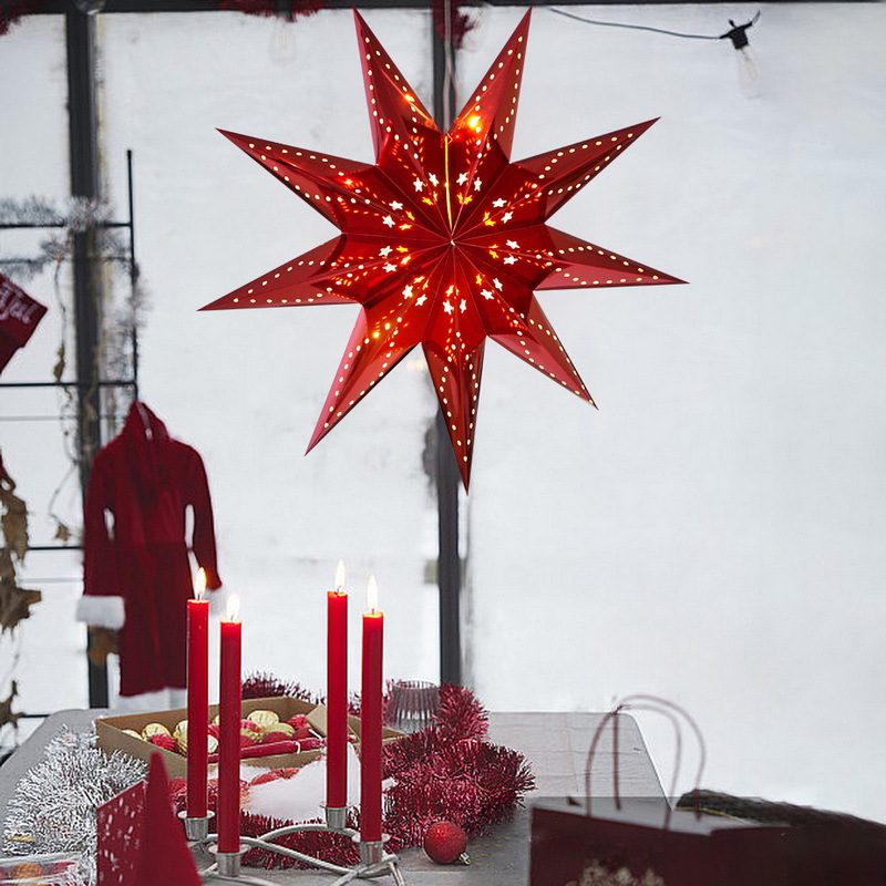 Decoración navideña Estrellas Linterna de papel Iluminación de estrella de cinco puntas Candelabro Árbol de Navidad Decoración navideña Colgante de estrella de nueve puntas