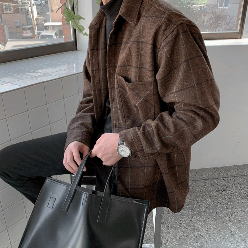 MYQ invierno engrosada camisa a cuadros de lana floja ocasional de los hombres de lana Coreana de manga larga camisa de abrigo caliente