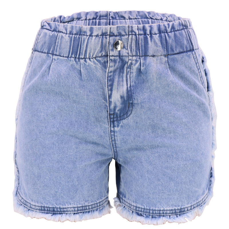 Fábrica en stock Ventas Directas europeo y americano transfronterizo dulce chica estilo elástico cintura luz diseño encaje pantalones cortos de mezclilla para mujeres