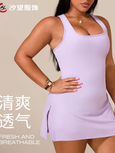 Cross-border plus-size sports tennis dress, square-neck tank top yoga dress, fitness dress for plus-size women, sports dress