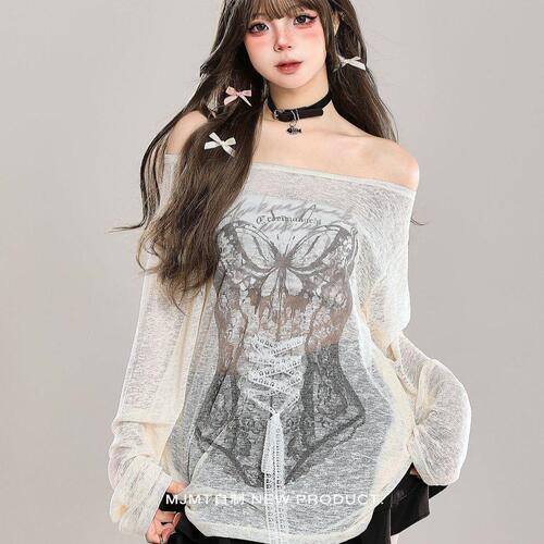 Summer pure desire graffiti hot girl printed blouse, long-sleeved sunscreen design, loose lazy shirt, women's new blouse, hot fashion