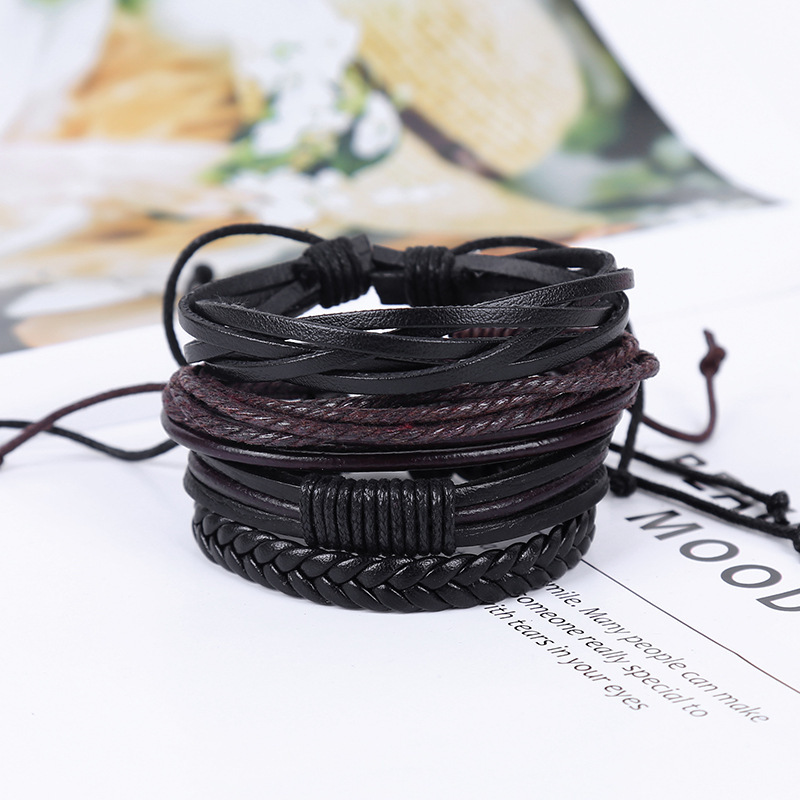 Genuine Leather Men's Bracelet 4-piece Retro Handmade Set_voghion.com