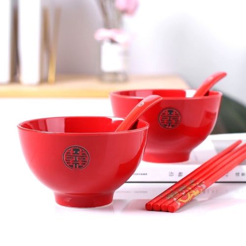 中式喜碗结婚用品7英寸陶瓷吃面条碗家用汤碗送筷子大碗商用礼物
