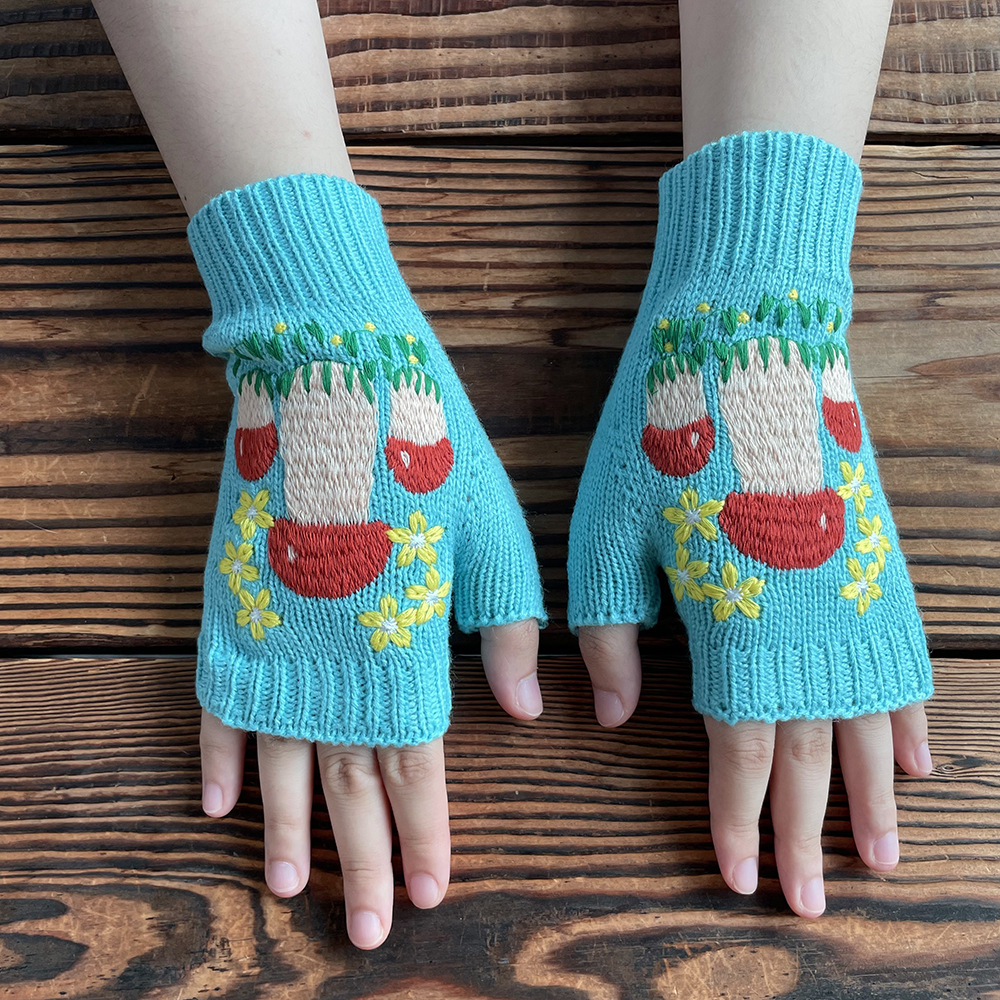 Mushroom Pattern Women's Cute Mushroom Knitted Fabric Gloves 1 Pair