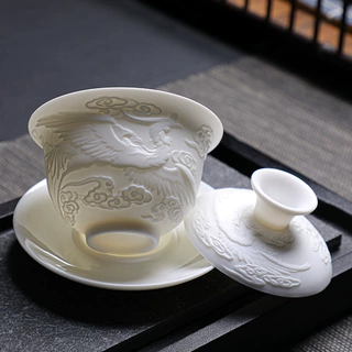 龙凤呈祥超薄盖碗茶杯茶碗单个三才泡茶白瓷功夫陶瓷茶具办公室