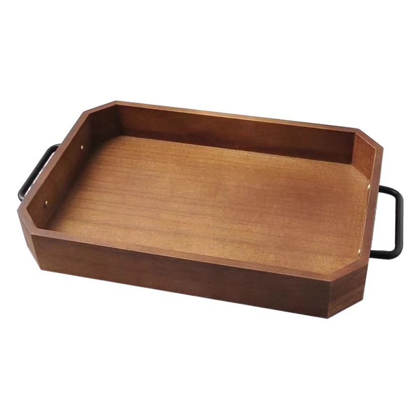 Paleta rectangular retro de madera maciza asa de hierro pan doméstico bandeja de exhibición de frutas té de la tarde bandeja de aperitivos bandeja de café