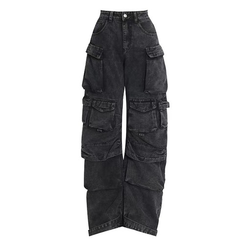 Streetwear Fashion Ash Grey Patchwork Multi-Pocket Work Pants, Street Washed Distressed Long Length Wide Leg Pants