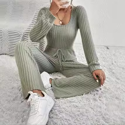 Women's European and American Amazon Foreign Trade Autumn and Winter New Knit Solid Color Casual Drawstring Long Sleeve Round Neck Bodysuit Set