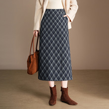 格纹通勤直筒裙长款高腰显瘦半身裙2025年秋冬款开叉包臀一步裙
