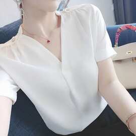 夏季大码白色V领短袖衬衫女宽松设计感小众薄款气质缎面衬衣上衣