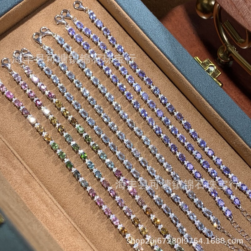 Natural Aquamarine Tourmaline Bracelet S925 Silver Inlaid with Diamonds and Colored Gemstones, Fashionable and Versatile Gift for Women Wholesale