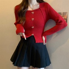 Retro bow sweater square collar waist-hugging design long-sleeved sweater slim slit top