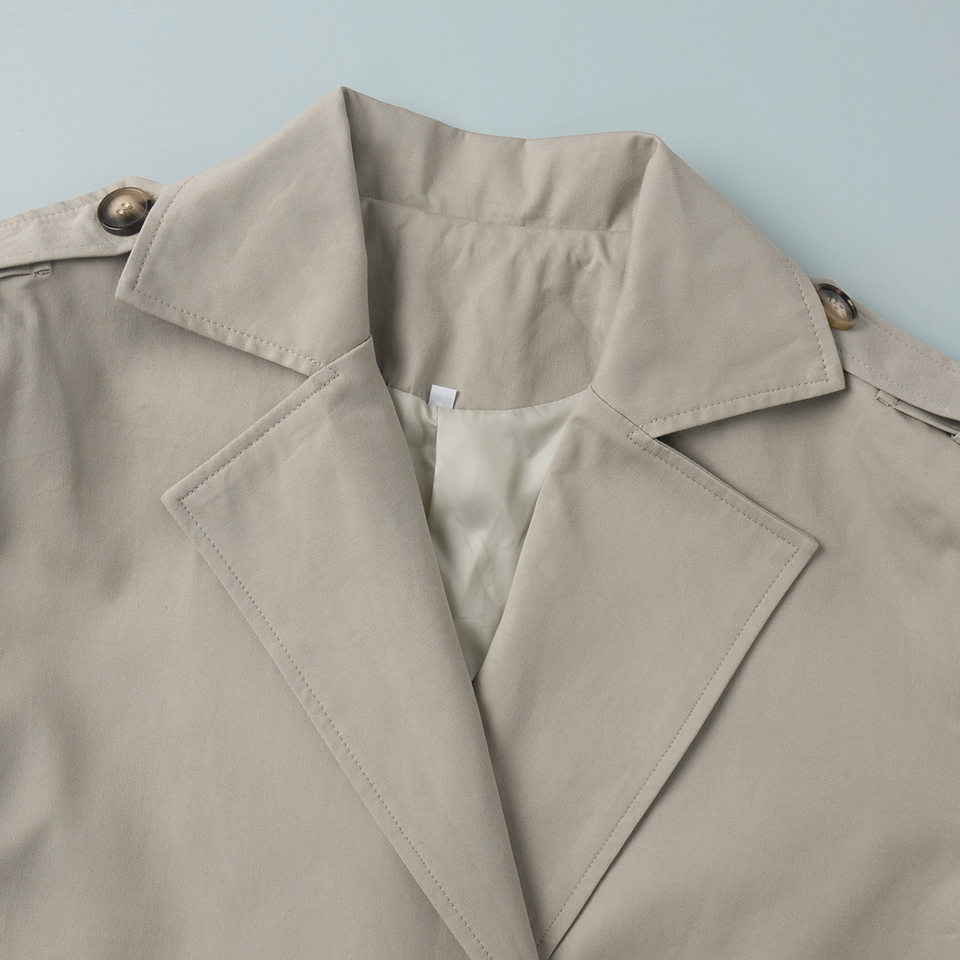 Áo khoác trench coat nữ dáng dài cổ ve, thắt eo phối đai, tay dài — Kaki chi tiết 6