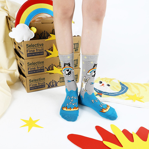Cartoon socks for women spring and summer new original cute meow sweat-absorbent and deodorant mid-calf socks ins trendy socks wholesale
